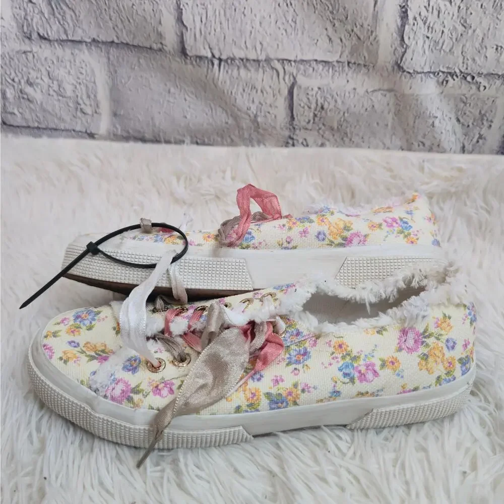 Superga X LoveShackFancy Cream Floral Coquette Canvas Fringe Sneakers